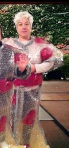 Roberta wears a handmade Valentine’s day kimono made of bubble-wrap, seamed with duct-tape and decorated with hearts.